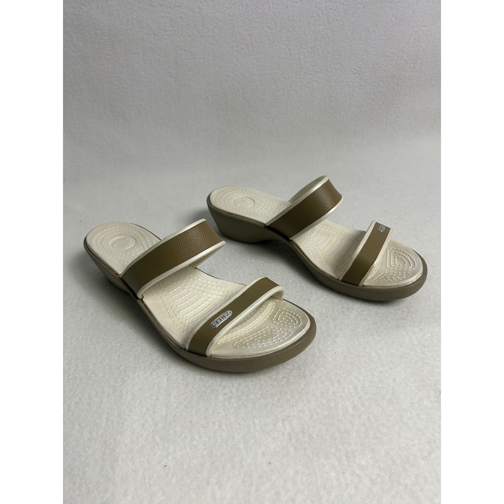 Crocs Meleen Wedge Sandals Womens Size 8 Khaki Cream Dual Strap Slide Comfort